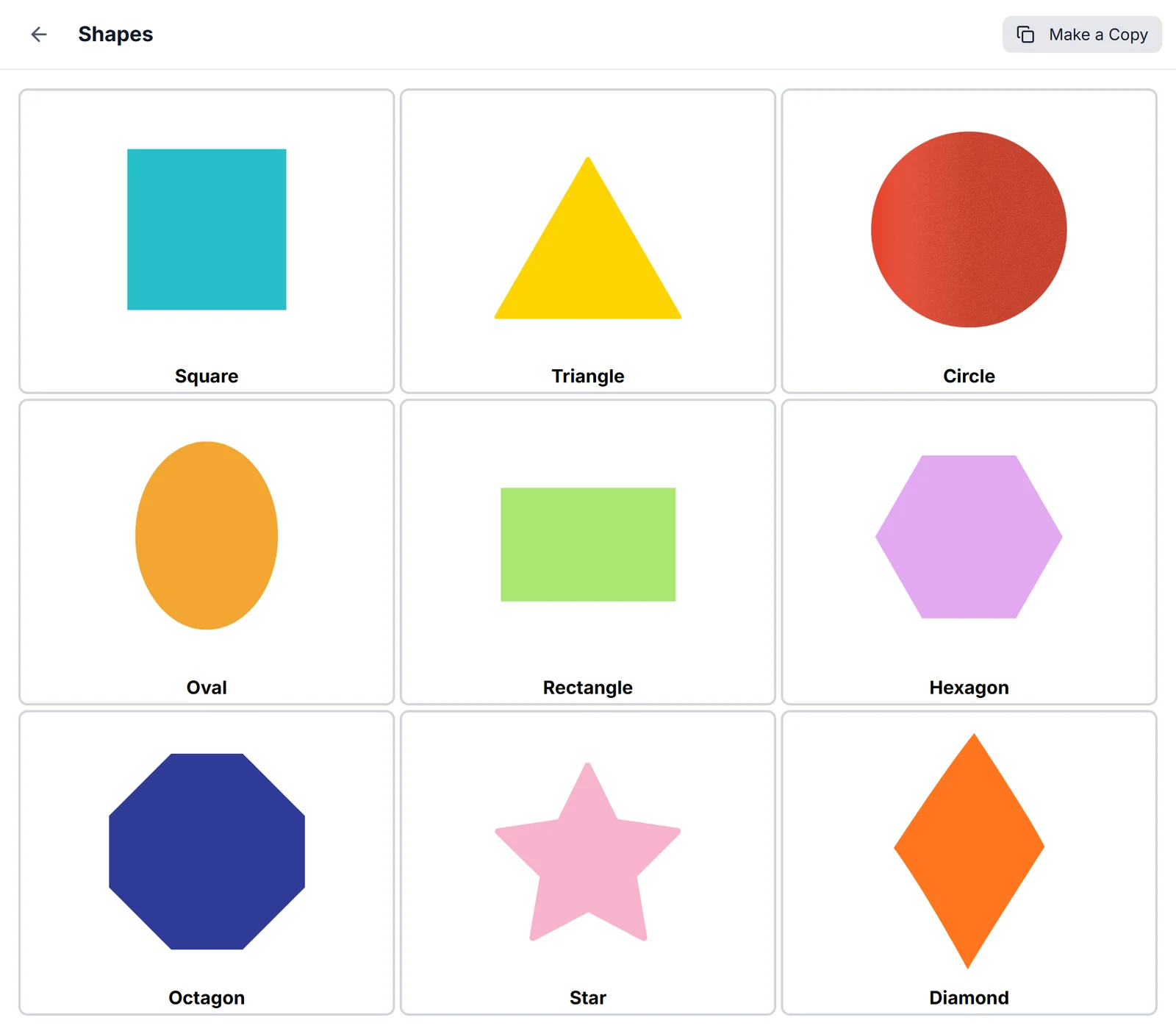 The Shapes communication board open in StoryRetriever, with nine labeled shape cells in a three-by-three grid