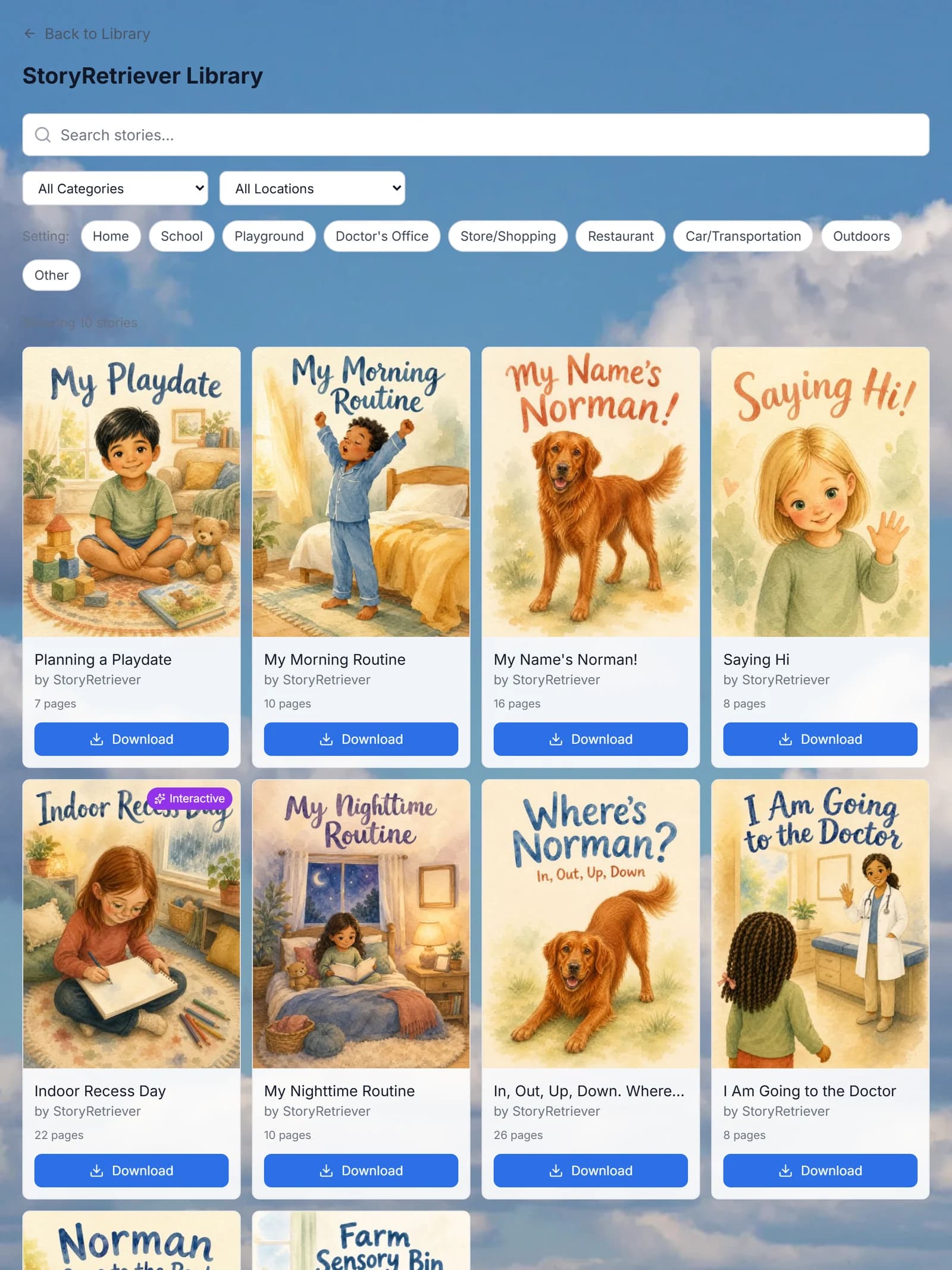 The StoryRetriever production library, with illustrated story covers, search, and category filters