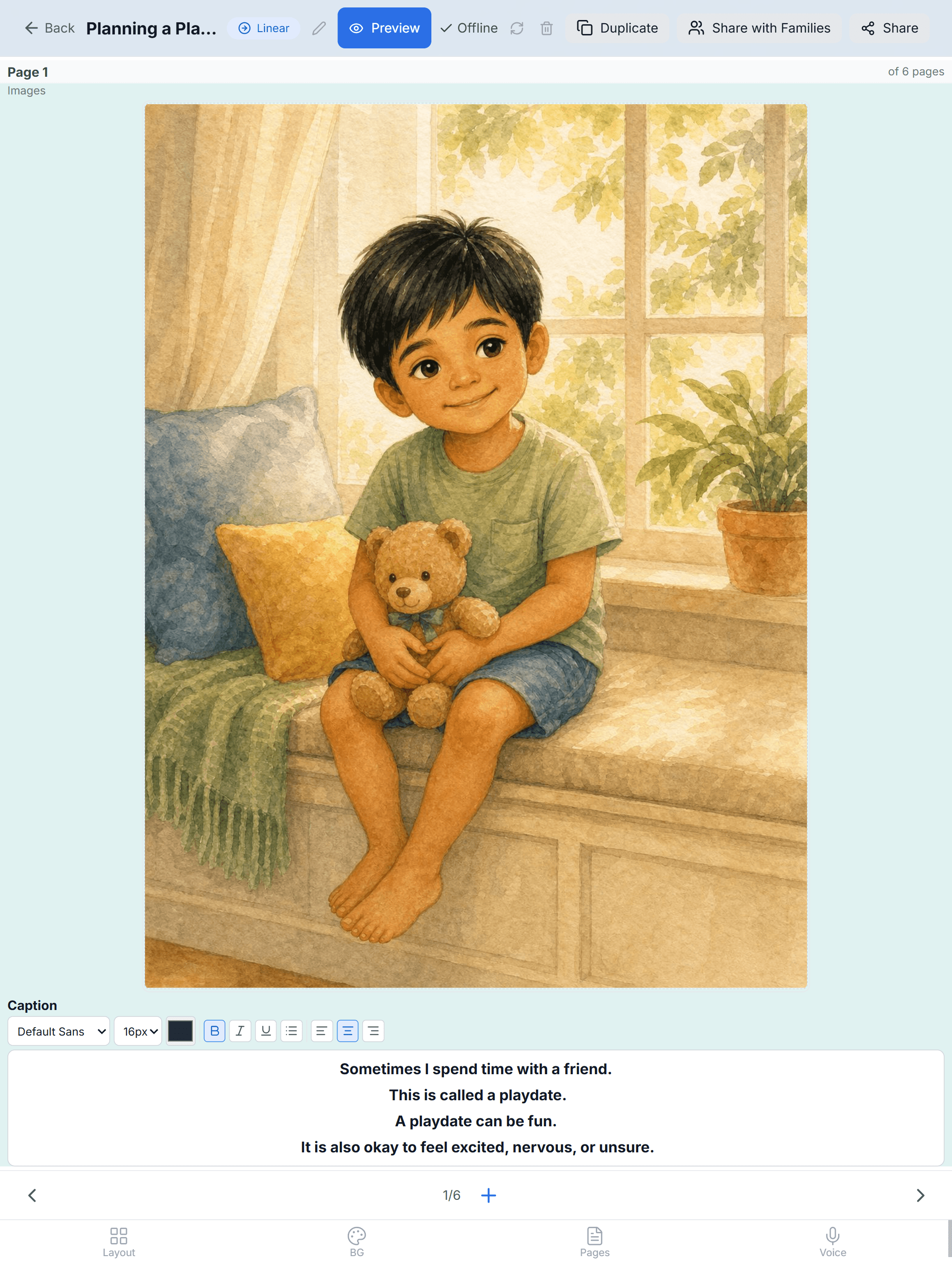 StoryRetriever story editor on tablet showing a personalized 'Planning a Playdate' visual social narrative being built
