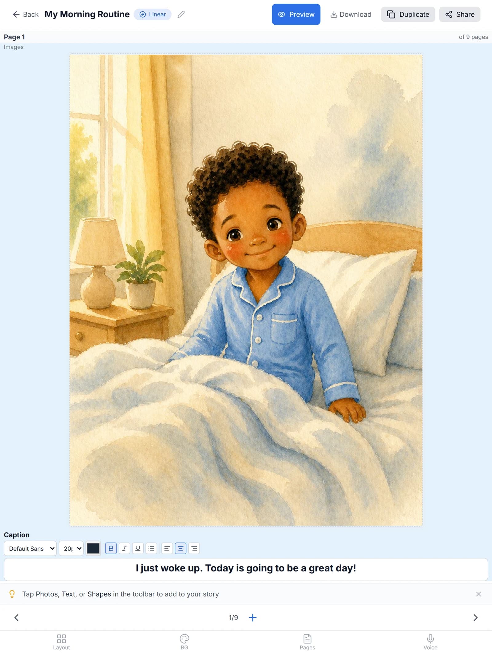 My Morning Routine in the current StoryRetriever editor, showing the waking-up illustration, original caption, and editing controls