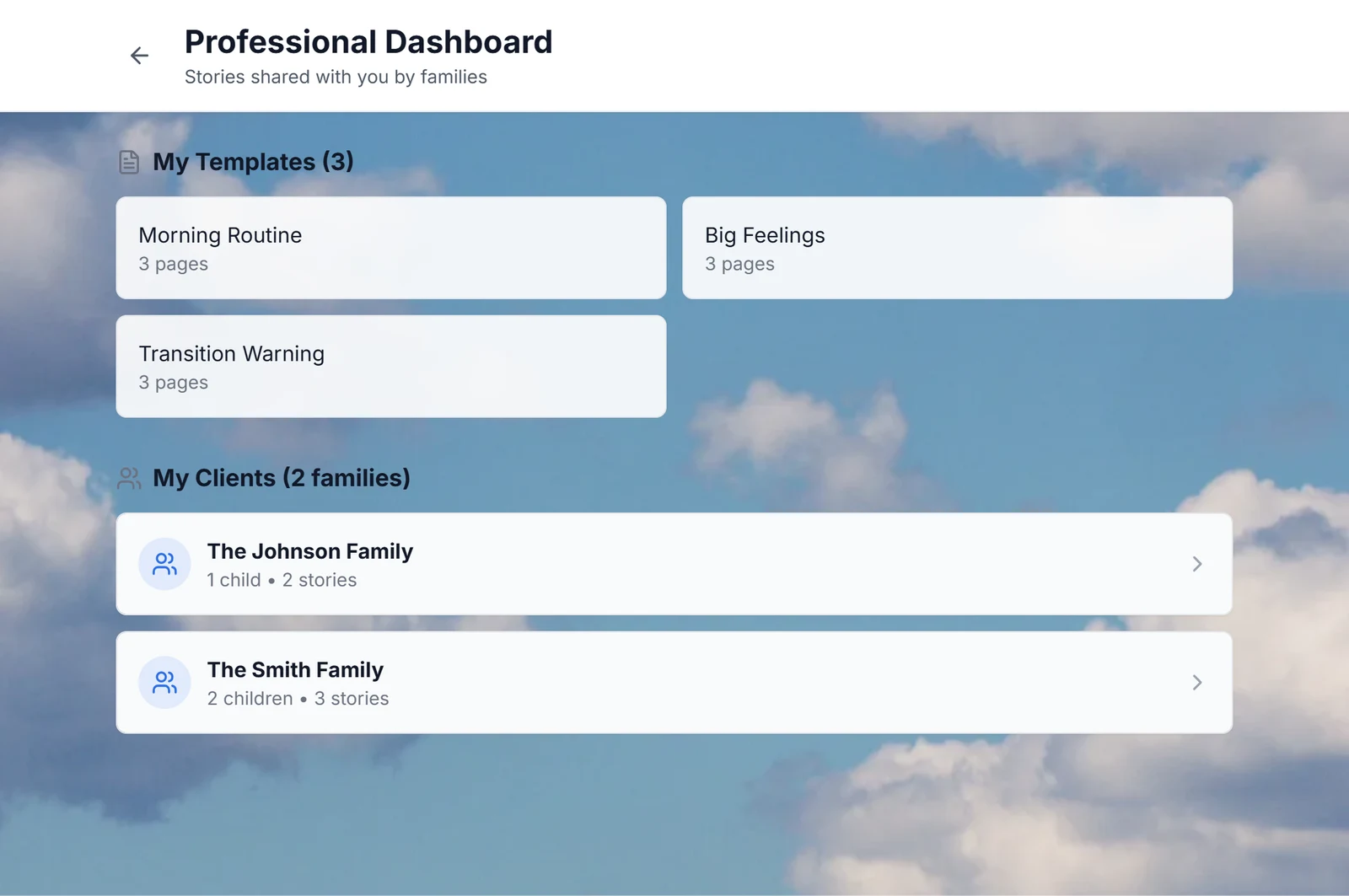 The current Professional Dashboard with reusable templates and two connected demo families