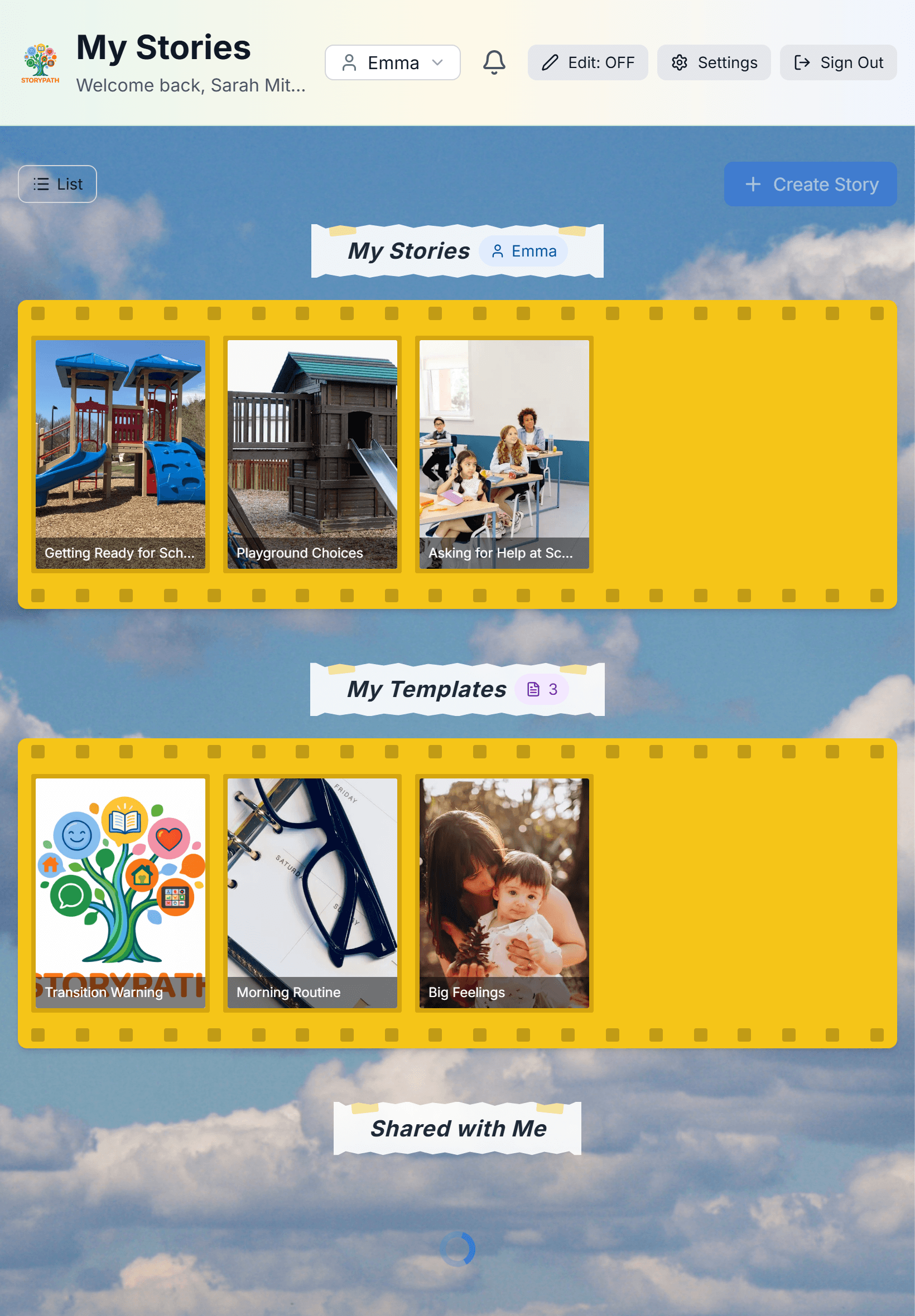 StoryPath dashboard on tablet showing visual social stories and templates in a filmstrip layout