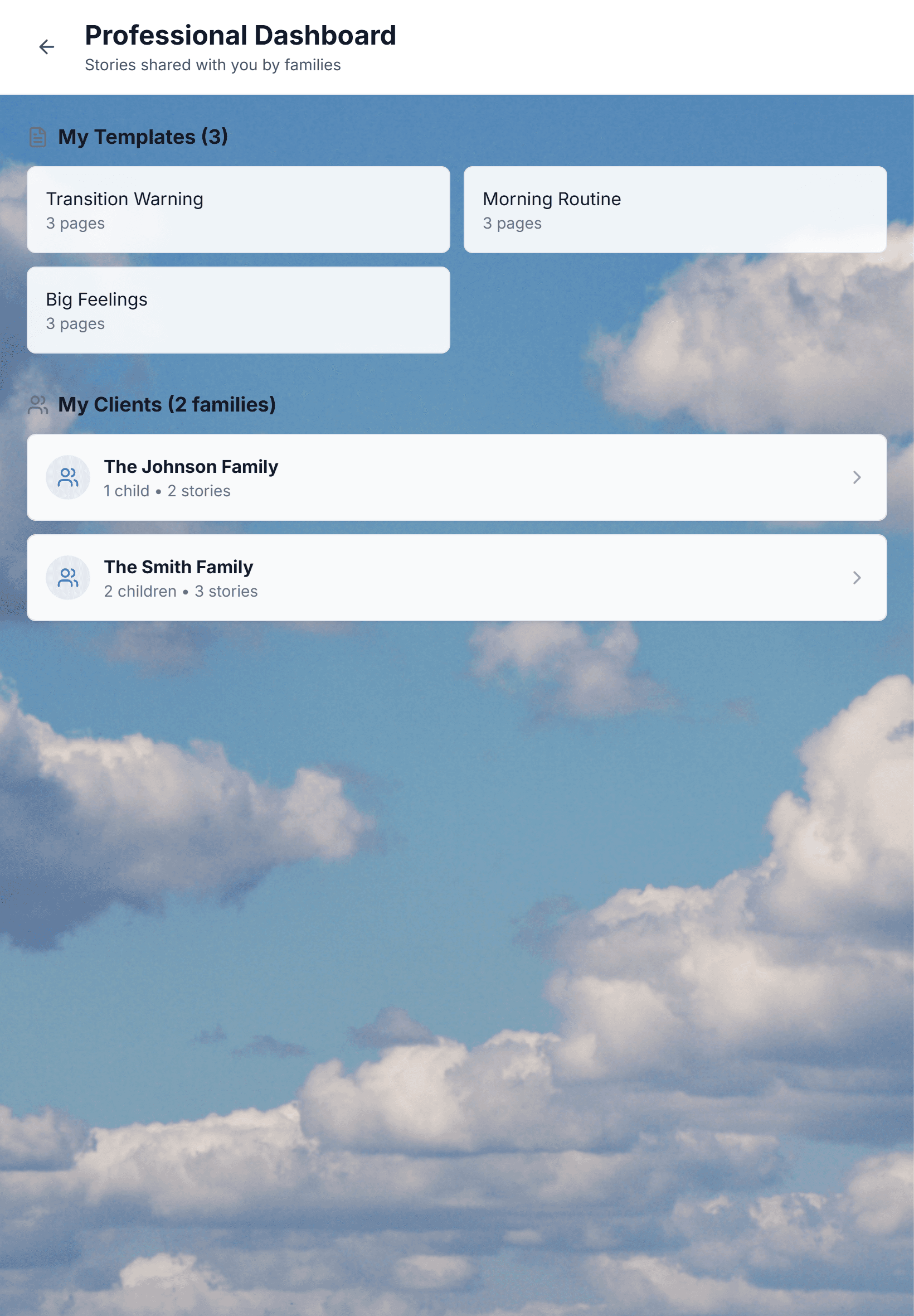 StoryPath professional dashboard on tablet showing client families and shared templates