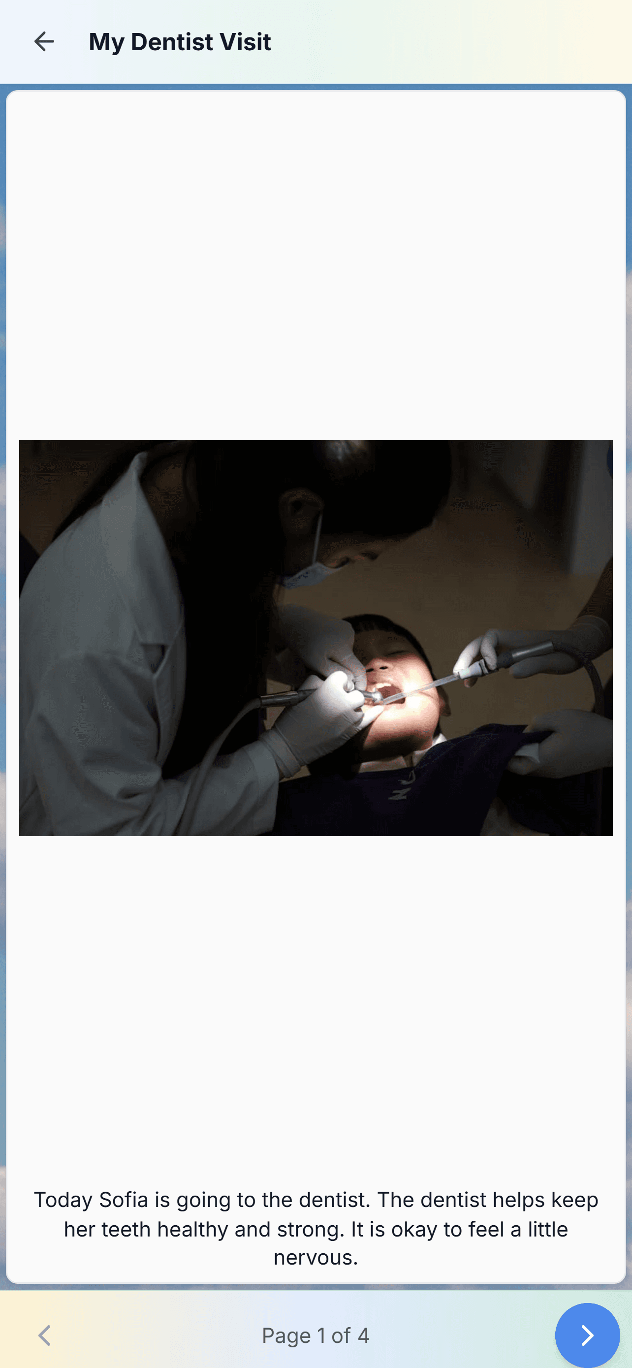 StoryPath story viewer on phone showing a personalized dentist visit visual social narrative